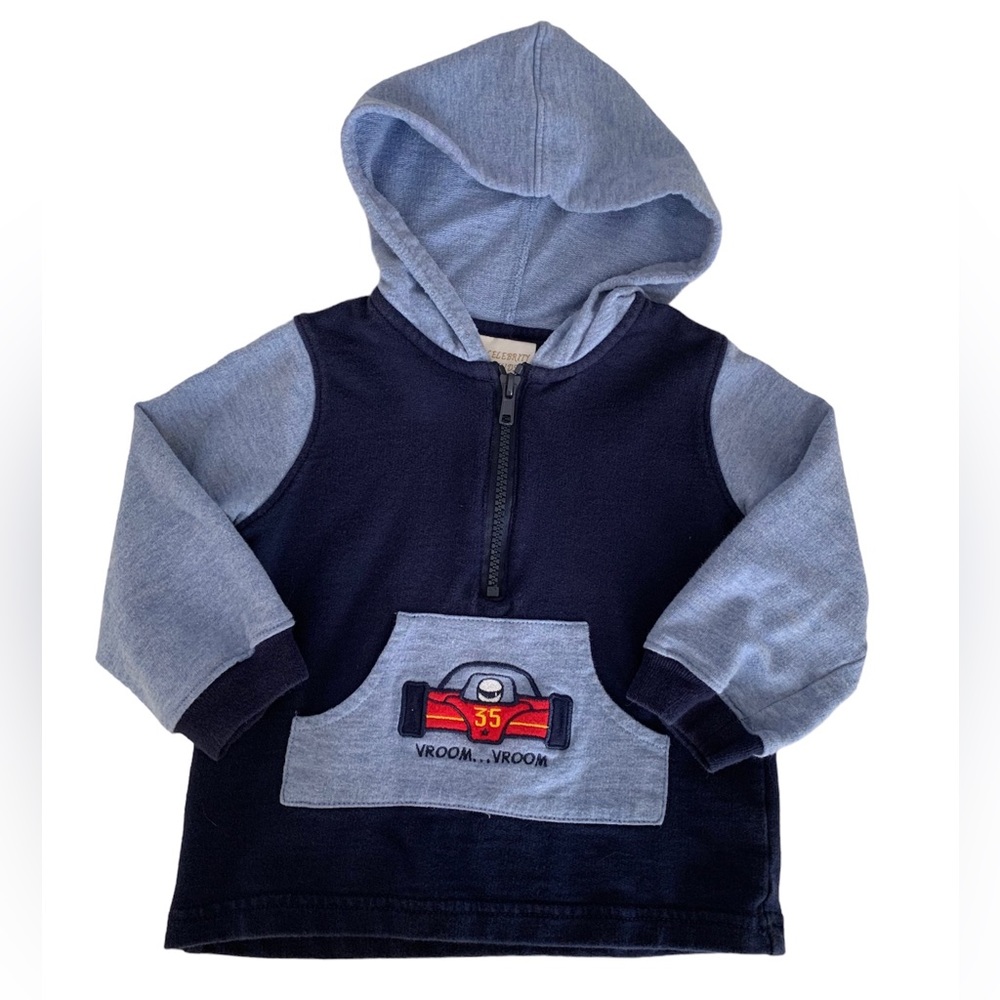 VTG Celebrity Kids Hoodie Boys Blue Red Top Half Zipper Race Cars Long Sleeves
